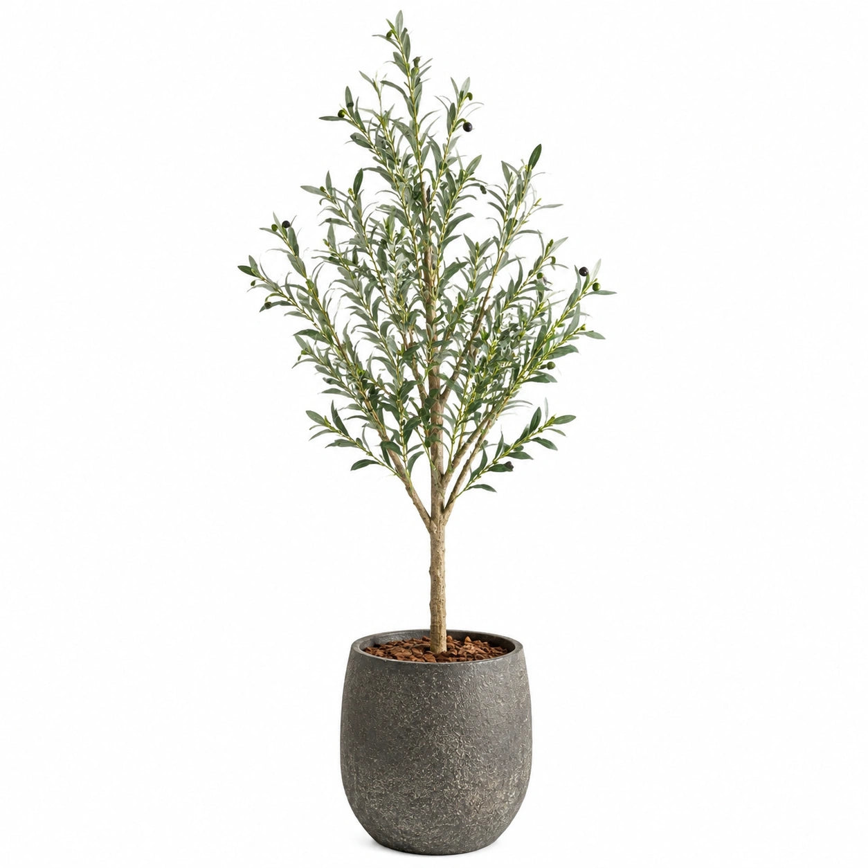 Albero artificiale di ulivo 180 cm in PE verde con vaso grigio per interni stile naturale