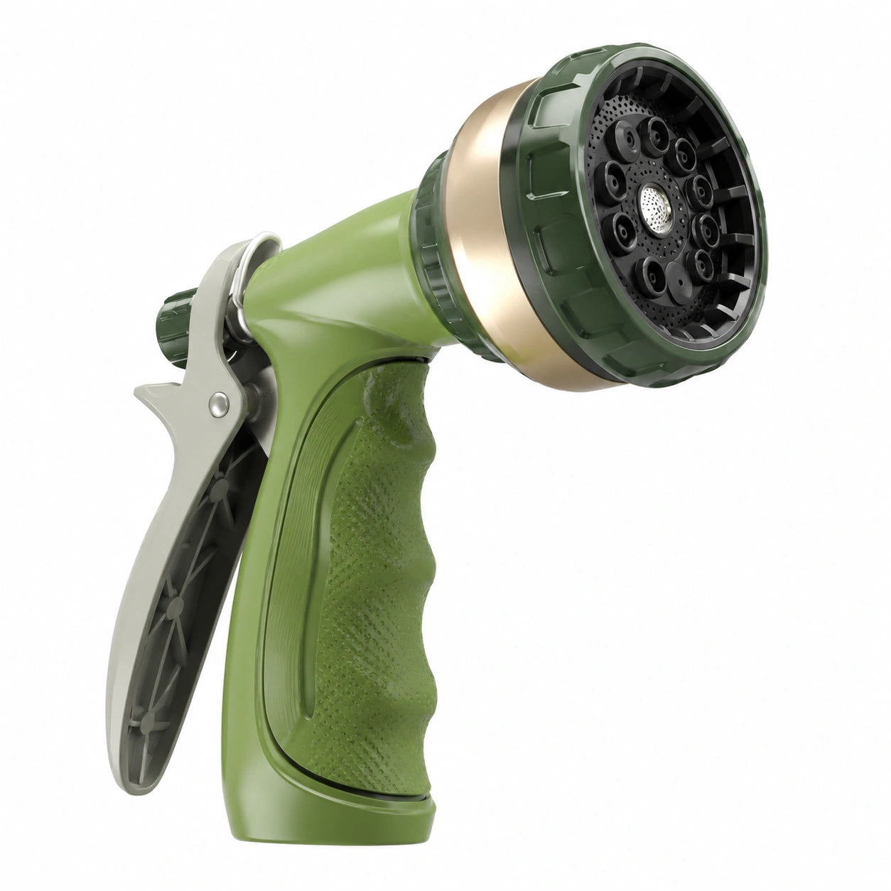 Pistola irrigazione da giardino verde in plastica con testina multifunzione