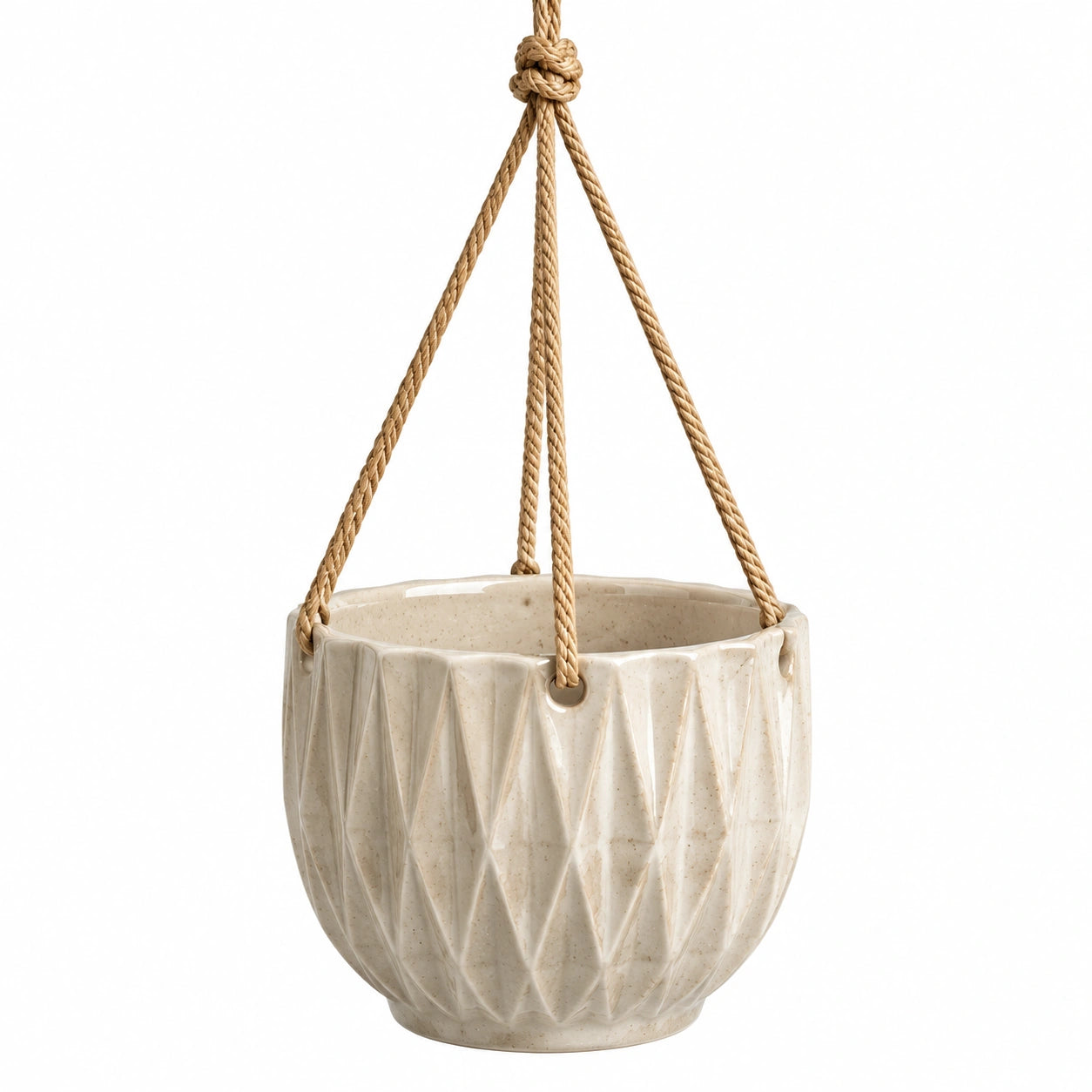 Vaso sospeso Ø18 x H15 cm in ceramica beige con corda decorativo