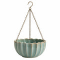 Vaso pensile Ø 20 cm in ceramica verde salvia con catene metalliche per piante
