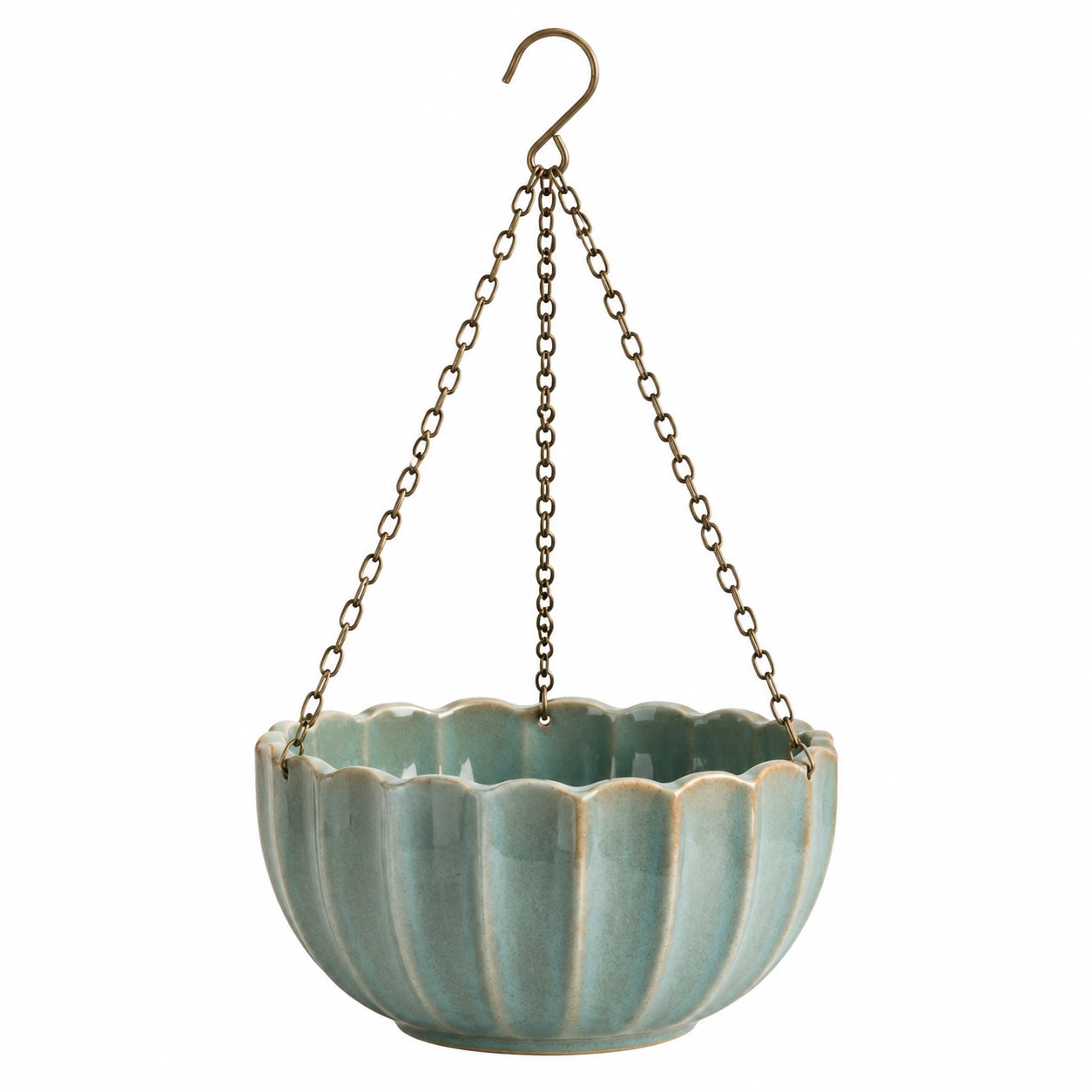 Vaso pensile Ø 20 cm in ceramica verde salvia con catene metalliche per piante
