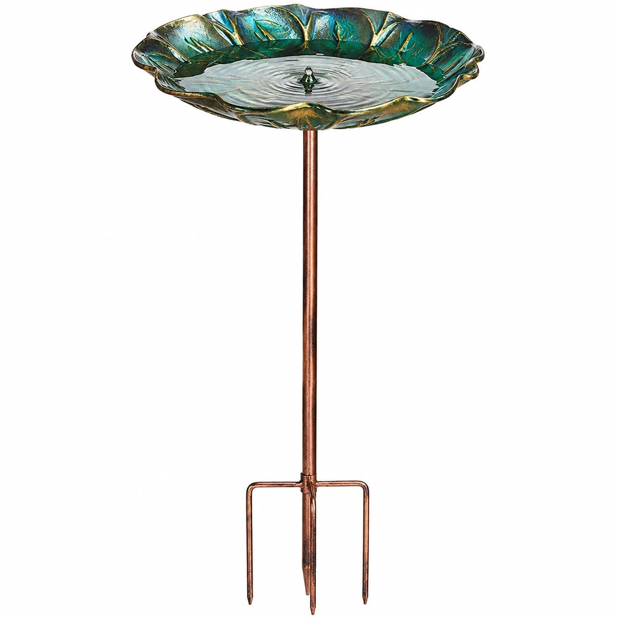 Bagno per uccelli da giardino 35 cm in vetro verde con supporto metallico a picchetto