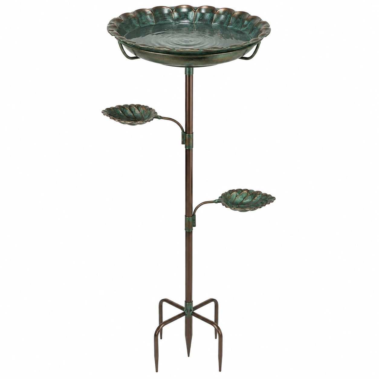 Bagno per uccelli da giardino Ø 50 cm H 120 cm in metallo verde bronzo con vasca a foglia e supporto da terra