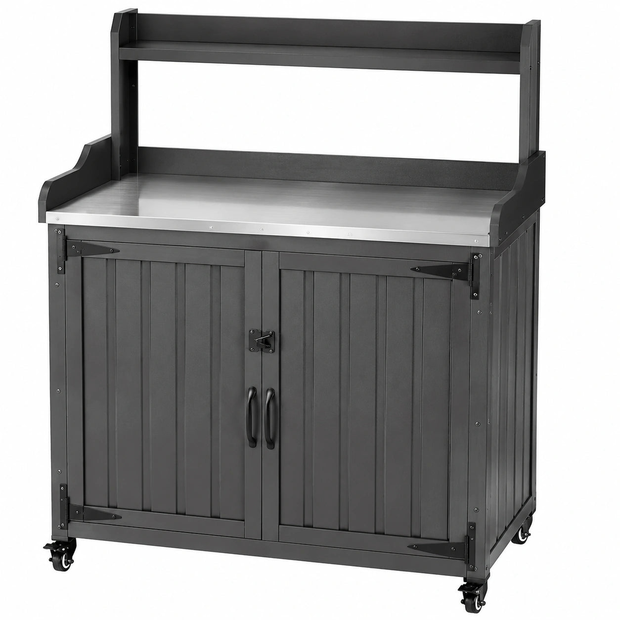 Tavolo da lavoro per giardinaggio 110 x 55 x 160 cm in legno e acciaio nero con mobile e ruote