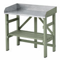 Tavolo da giardinaggio 100 x 50 x 120 cm in legno verde e acciaio zincato con ripiano portaoggetti
