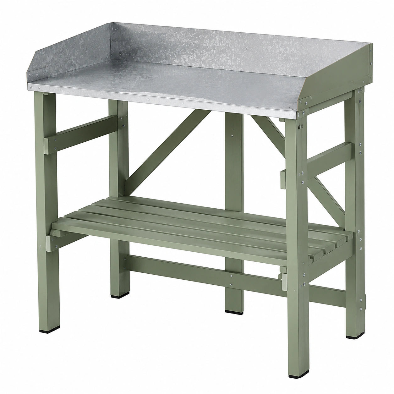 Tavolo da giardinaggio 100 x 50 x 120 cm in legno verde e acciaio zincato con ripiano portaoggetti
