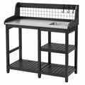 Tavolo da giardinaggio 100 x 50 x 120 cm in metallo nero con piano in acciaio e vaschetta - banco da rinvaso con ripiani