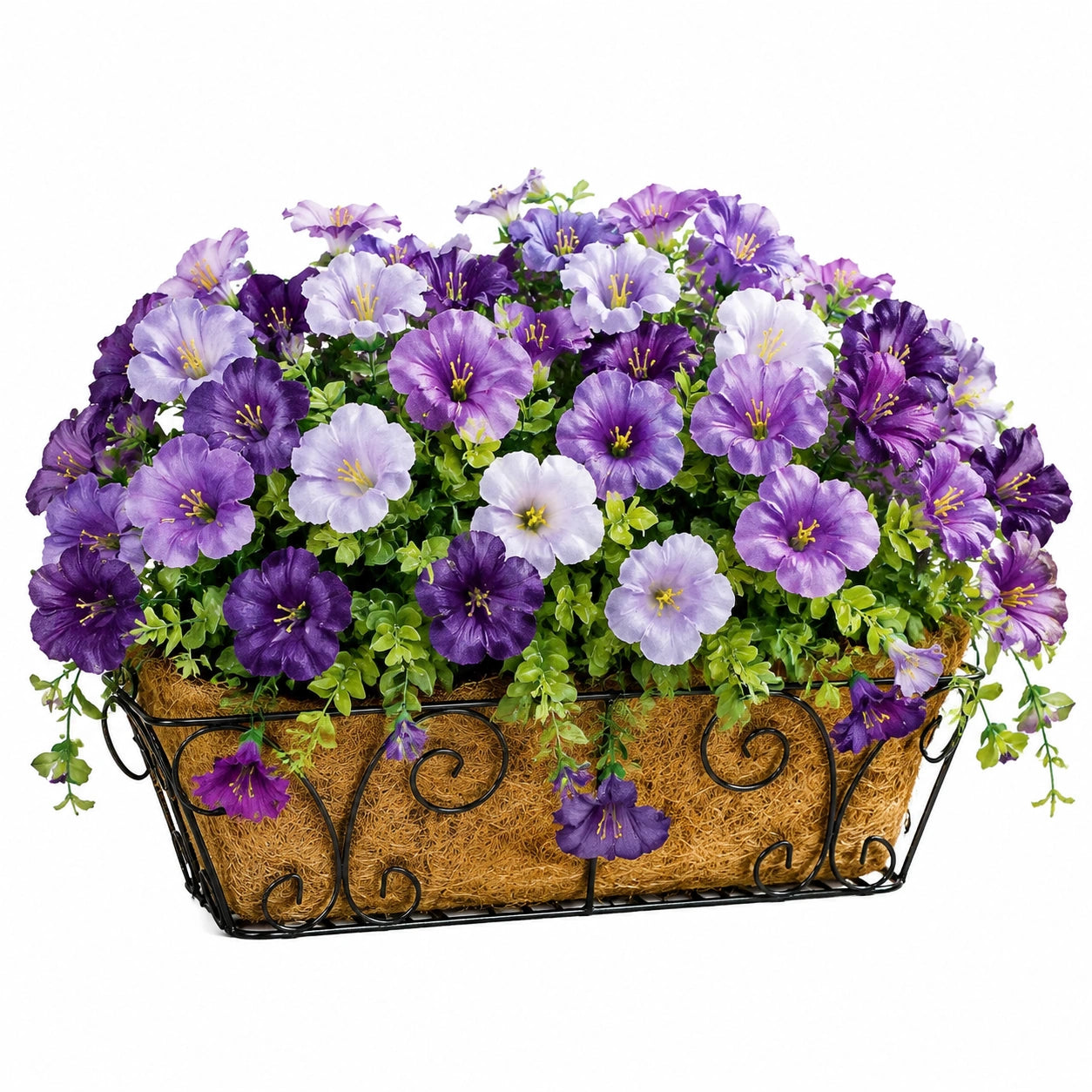 Pianta artificiale in vaso 45 x 20 x 38 cm fiori viola in poliestere con cestino decorativo da interno