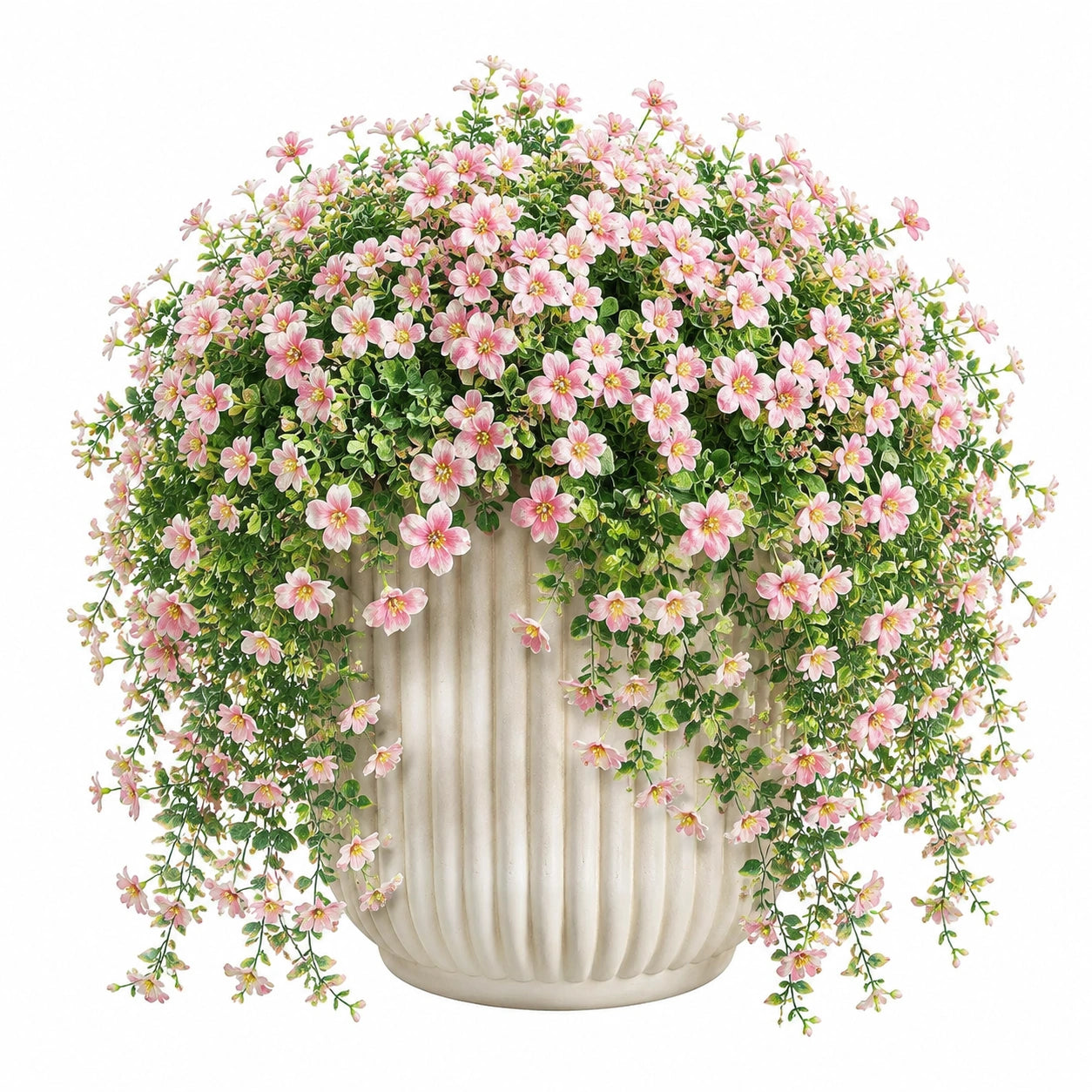 Pianta artificiale in vaso 65 cm con fiori rosa e foglie verdi per decorazione da interno