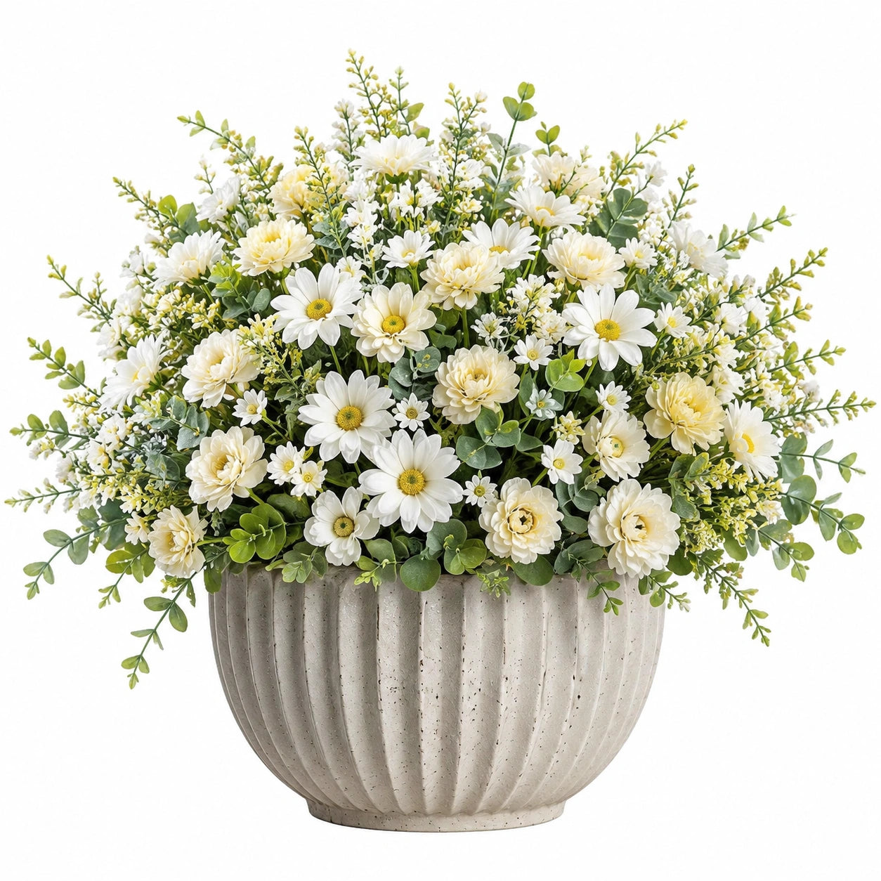 Pianta artificiale in vaso 58 cm fiori bianchi e crema con foglie verdi decorativa