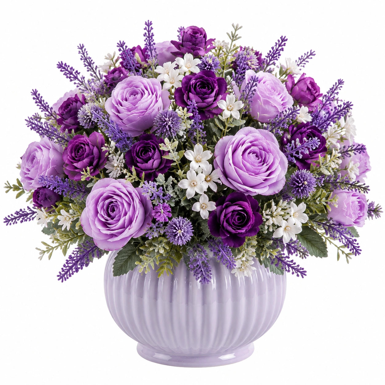 Composizione floreale artificiale 45 cm in vaso ceramica lilla decorazione da interno