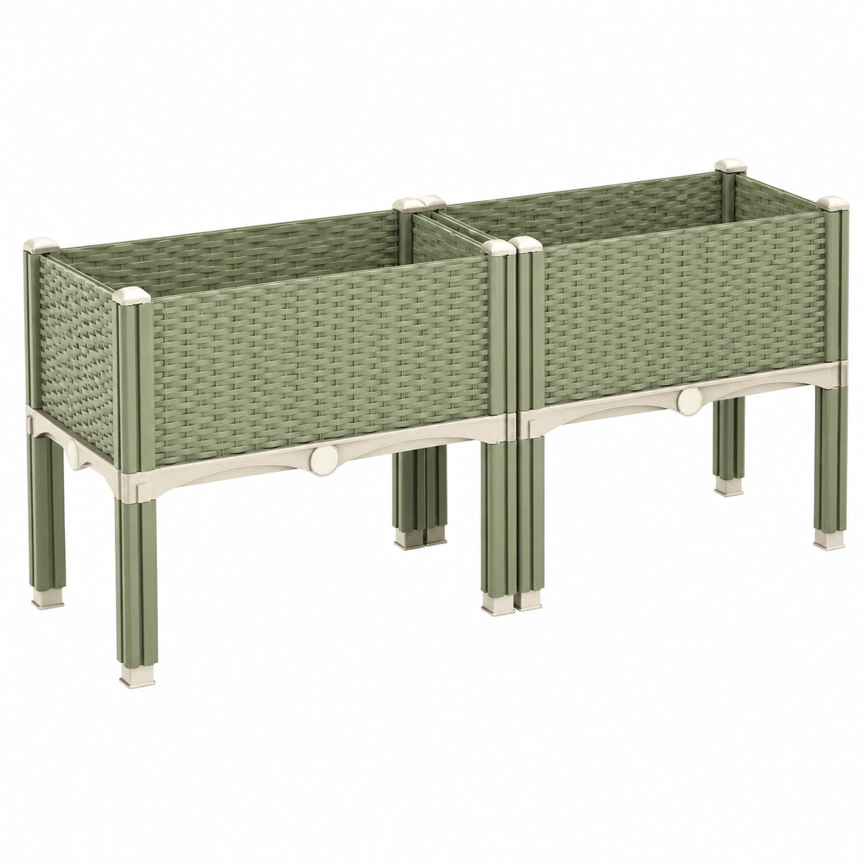 Fioriera rialzata 140 x 40 x 80 cm in plastica verde salvia e bianca - doppio vano per esterno