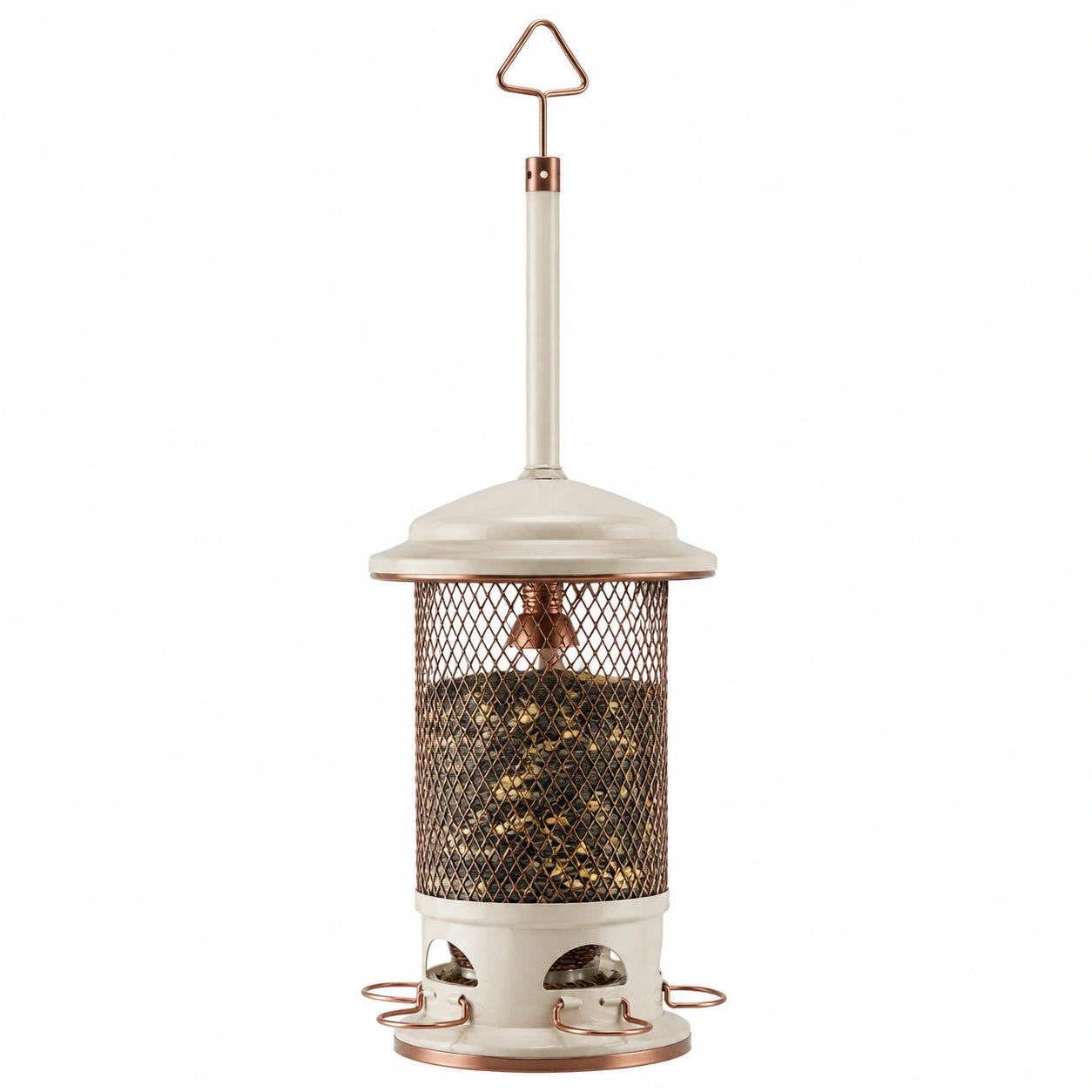 Mangiatoia per uccelli sospesa 18 x 18 x 58 cm in metallo avorio e rame con rete porta semi