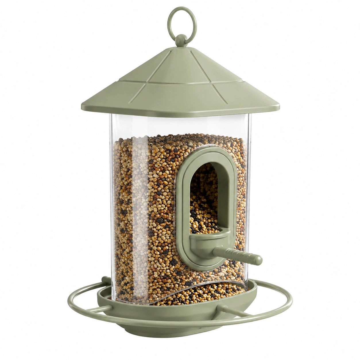 Mangiatoia per uccelli sospesa Ø 24 cm in plastica trasparente verde salvia con dispenser