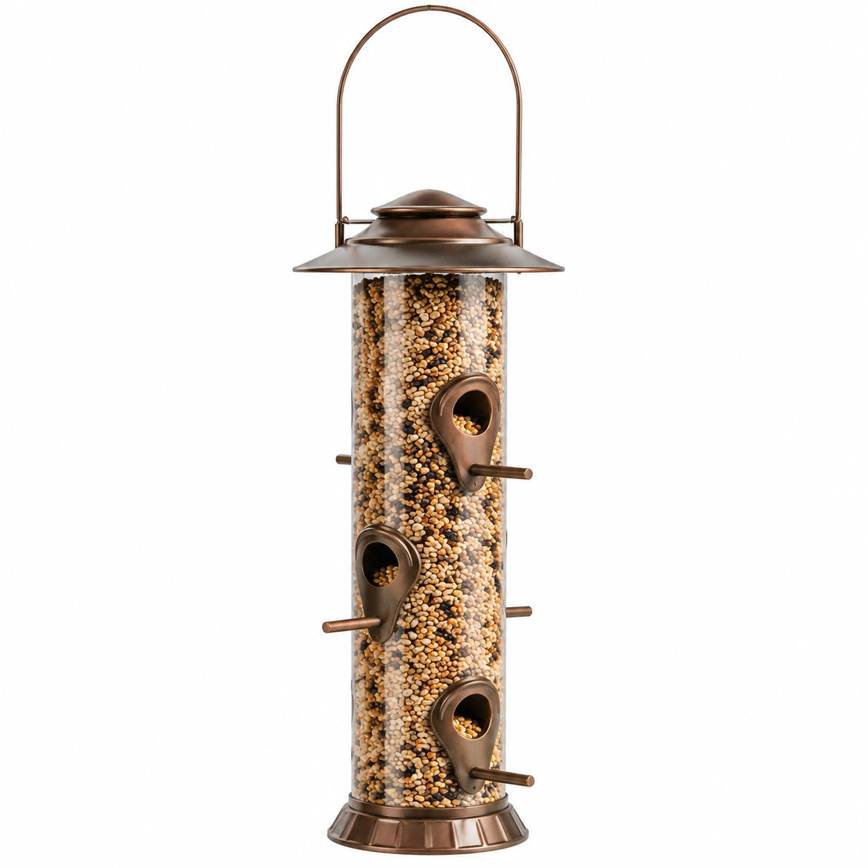 Mangiatoia per uccelli cilindrica 18 x 42 cm in metallo e plastica trasparente bronzo da appendere