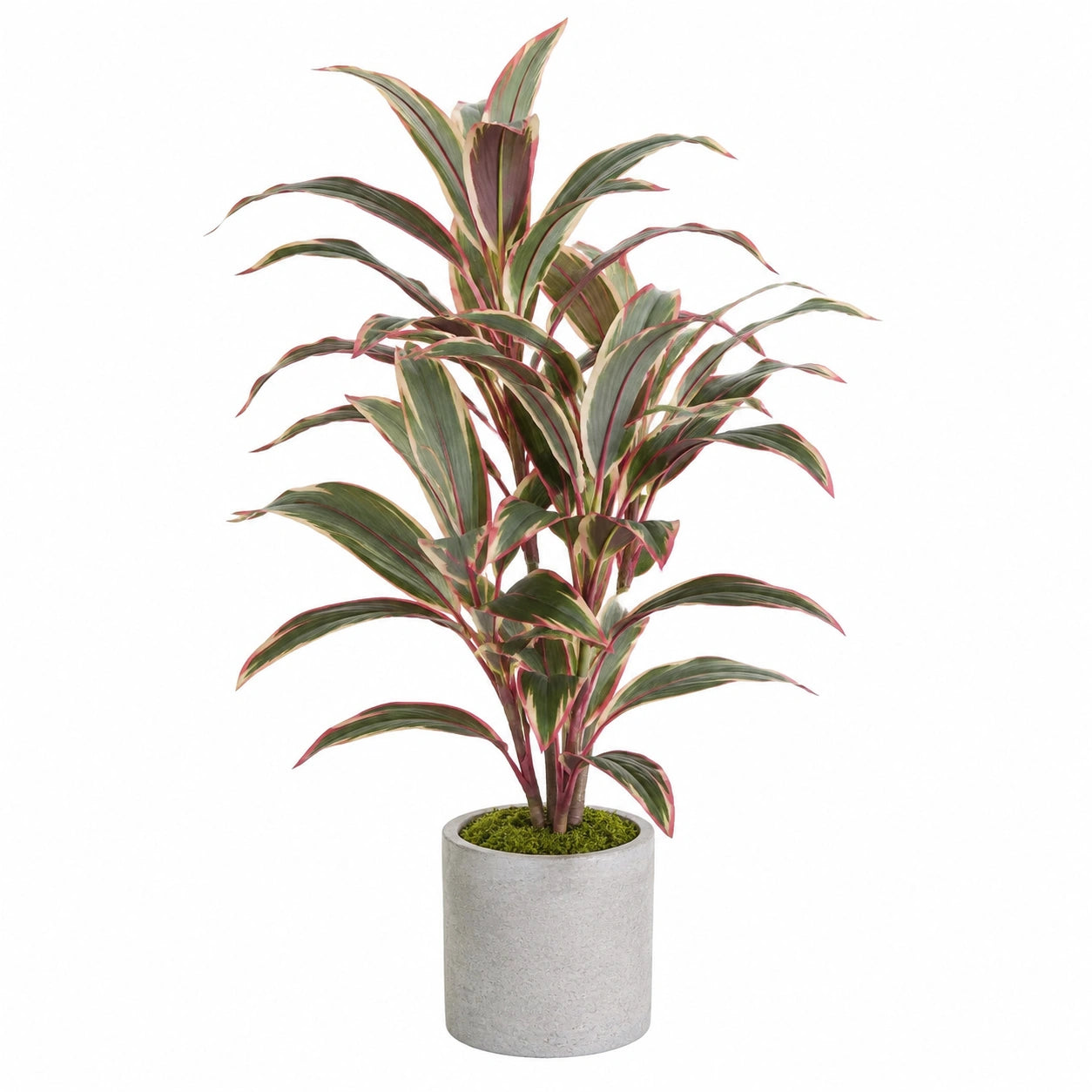 Pianta artificiale da interno 120 cm con vaso in cemento grigio e foglie verdi rosa